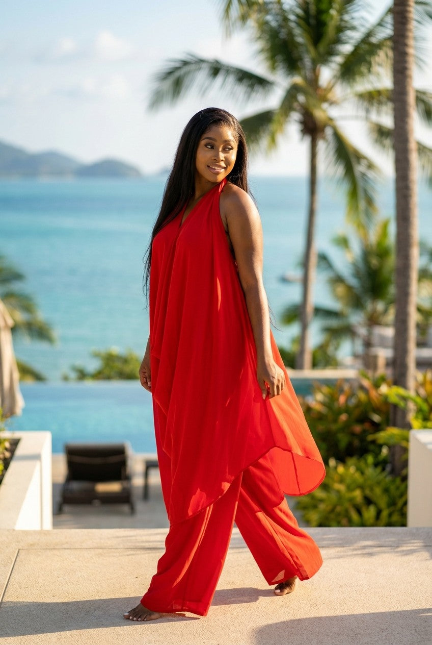 Elegant Red Draped Halter Tunic and Wide Leg Pant Set
