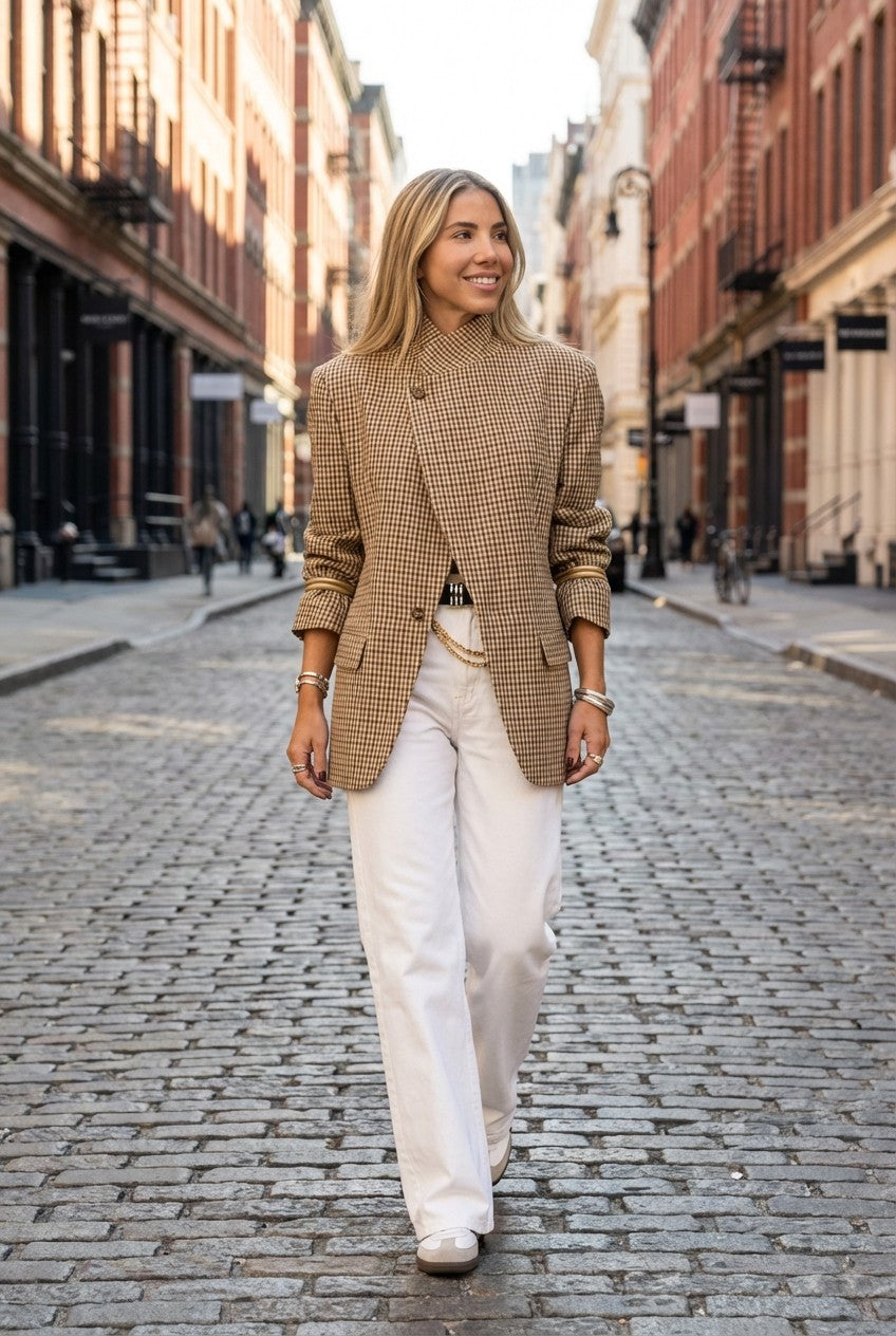 Women's Checkered Asymmetric Wrap Blazer, High Neck Cross-Over Style