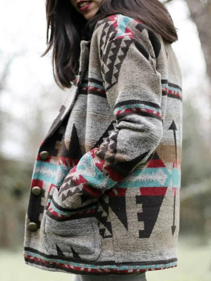 Retro Print Long Sleeve Coat.