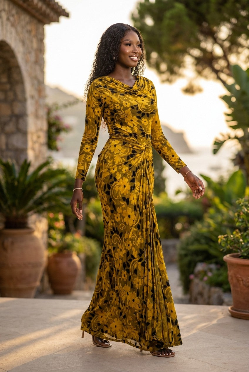 Women's Velvet Floral Maxi Dress with Ruched Knot Front, Evening