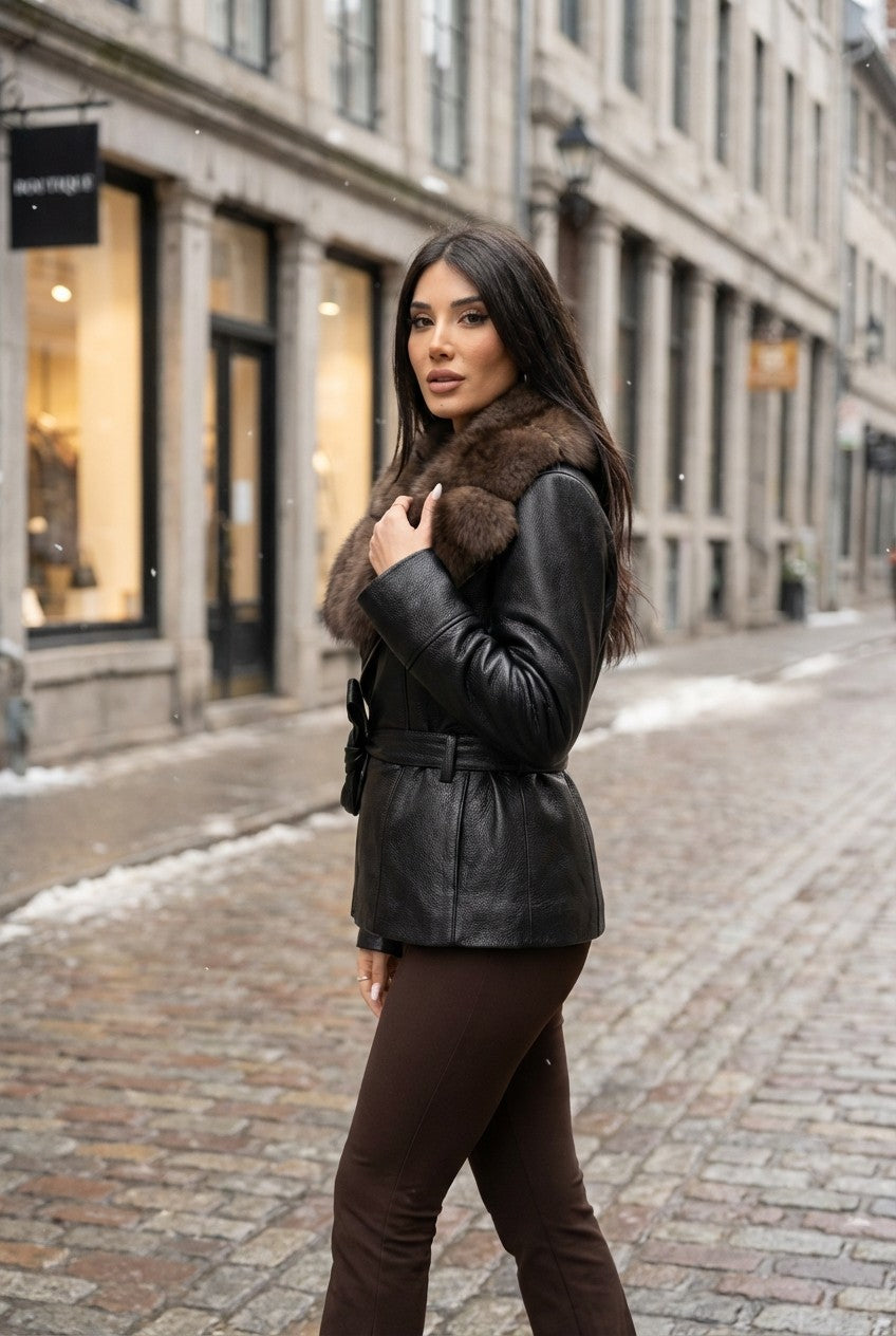 Women's Pebbled Leather Belted Jacket with Faux Fur Trim Collar