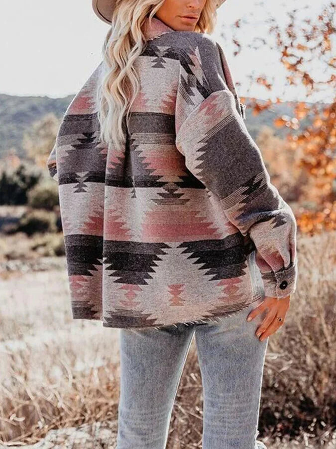 Women's AZTEC retro ethnic geometric print woolen loose coat.