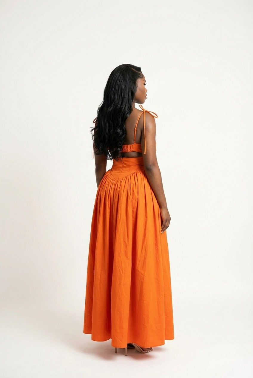Orange Cotton Poplin Tie-Strap Crop Top And Maxi Skirt Set, Resort