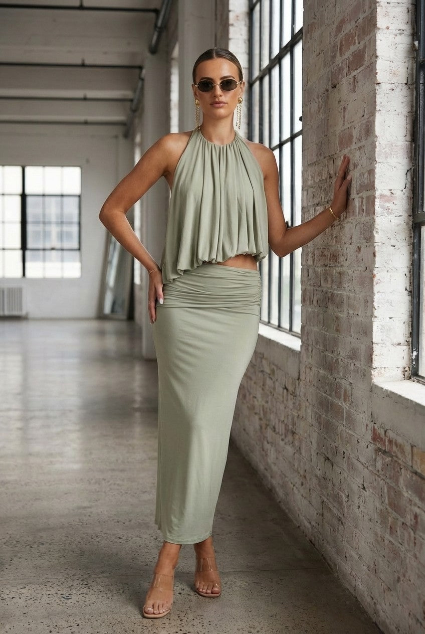 Women's Sage Green Pleated Halter Blouse and Maxi Skirt Set