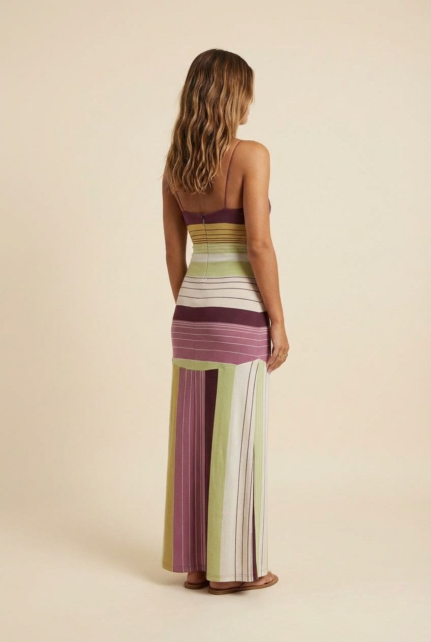 Women's Striped Ribbed Knit Maxi Dress, Square Neck Summer Vacation