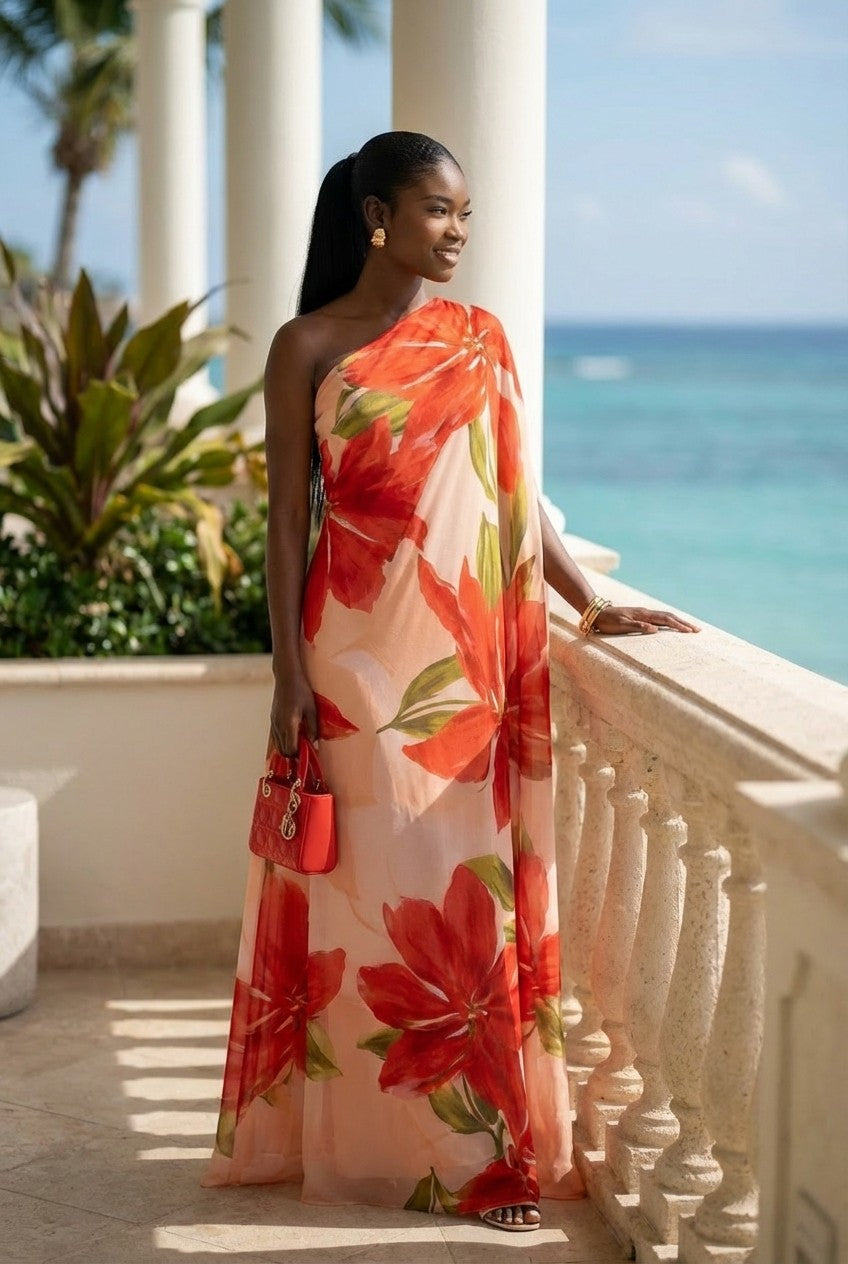 Women's Elegant Floral Chiffon One-Shoulder Maxi Dress, Flowing Evening Gown