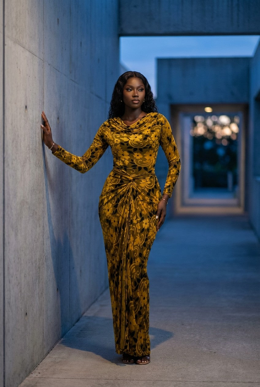 Women's Velvet Floral Maxi Dress with Ruched Knot Front, Evening