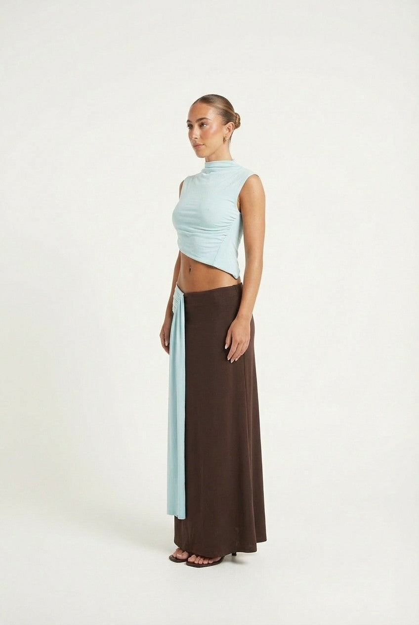 Color Block Asymmetric Ruched Two Piece Maxi Skirt Set