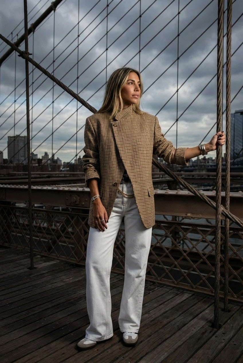 Women's Checkered Asymmetric Wrap Blazer, High Neck Cross-Over Style