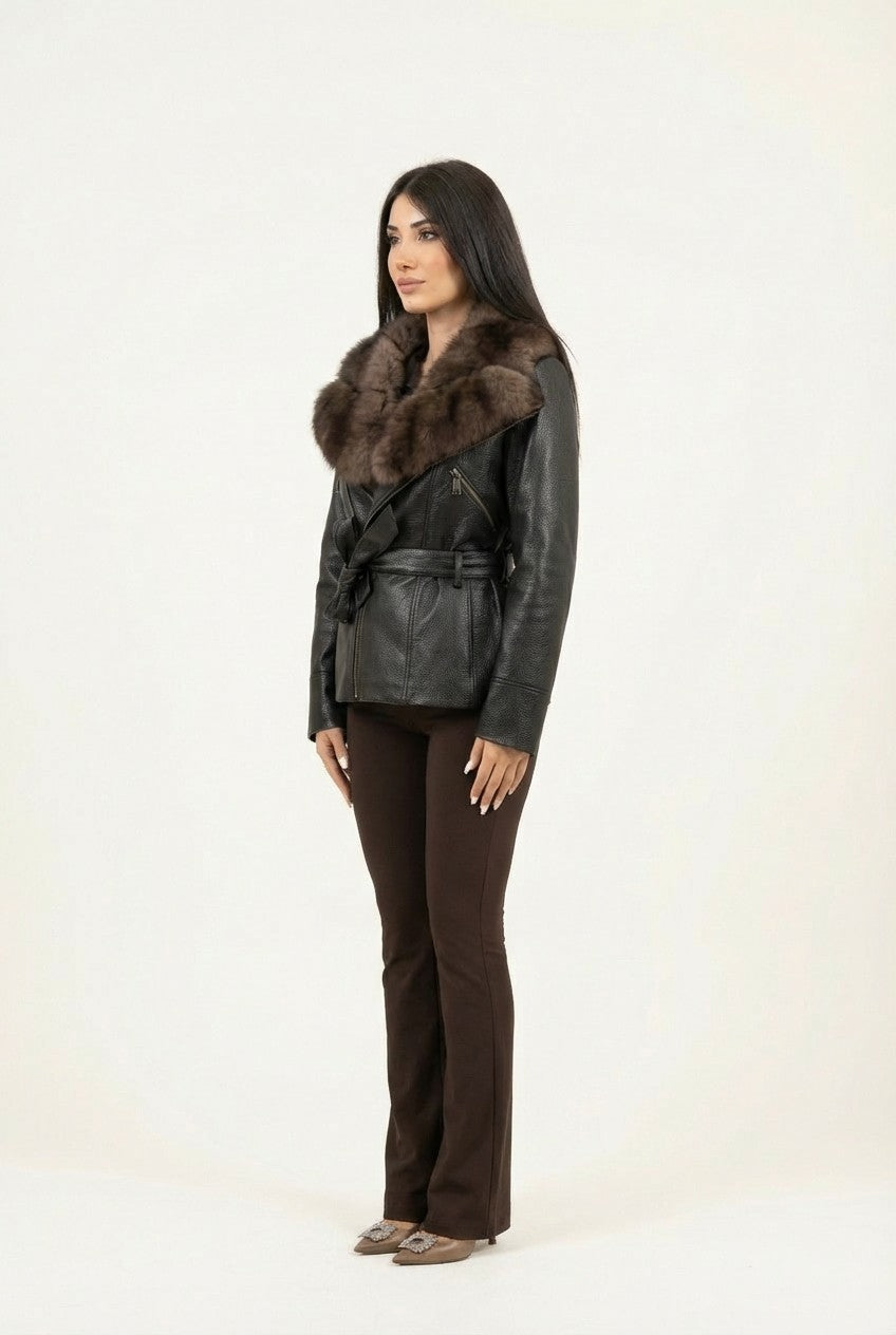 Women's Pebbled Leather Belted Jacket with Faux Fur Trim Collar