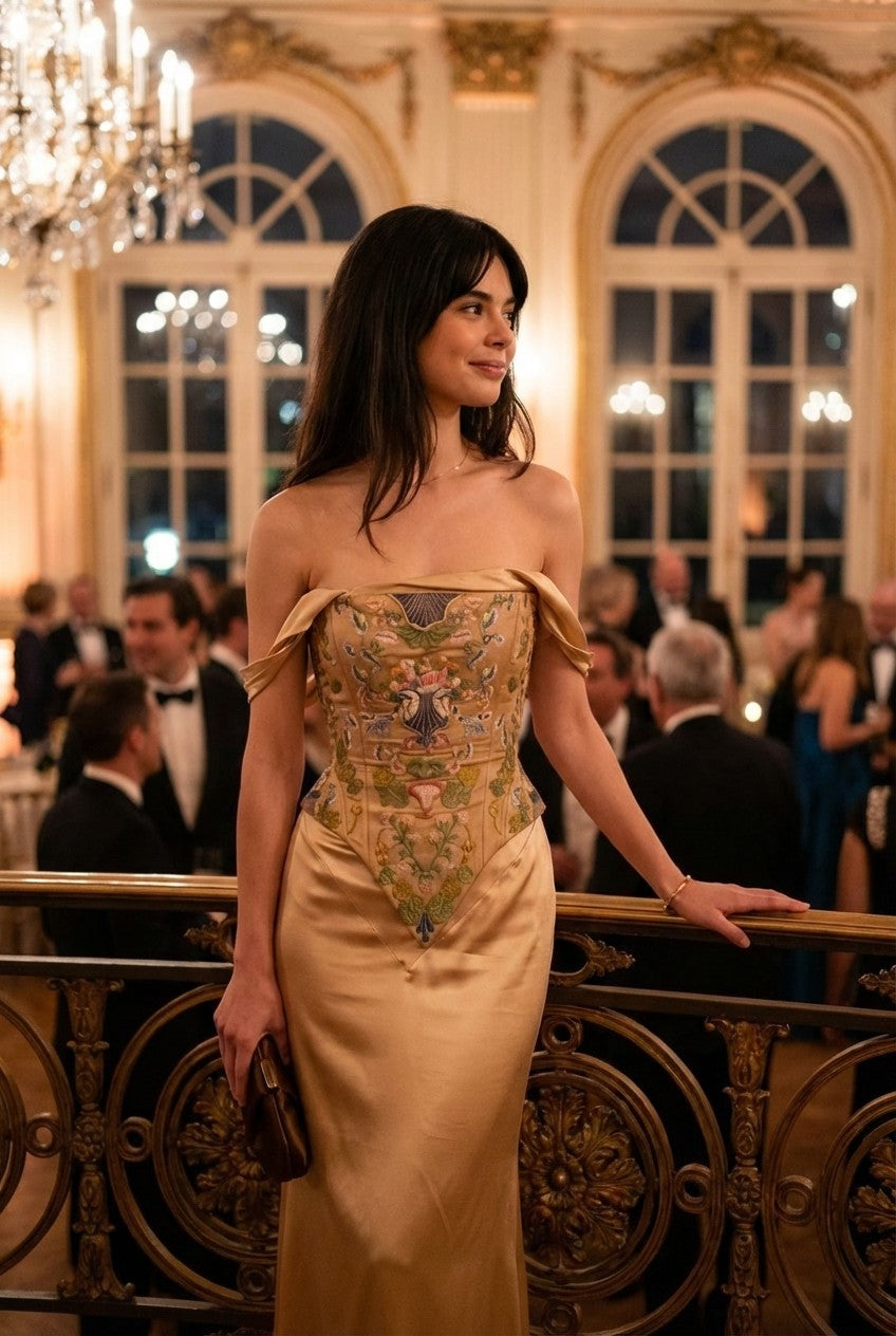 Women's Elegant Floral Embroidered Satin Corset Gown with Draped Sleeves