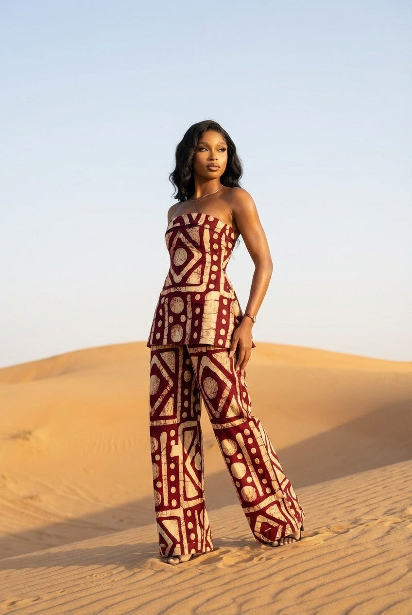 Burgundy Geometric Print Strapless Peplum Top and Wide Leg Pants Set
