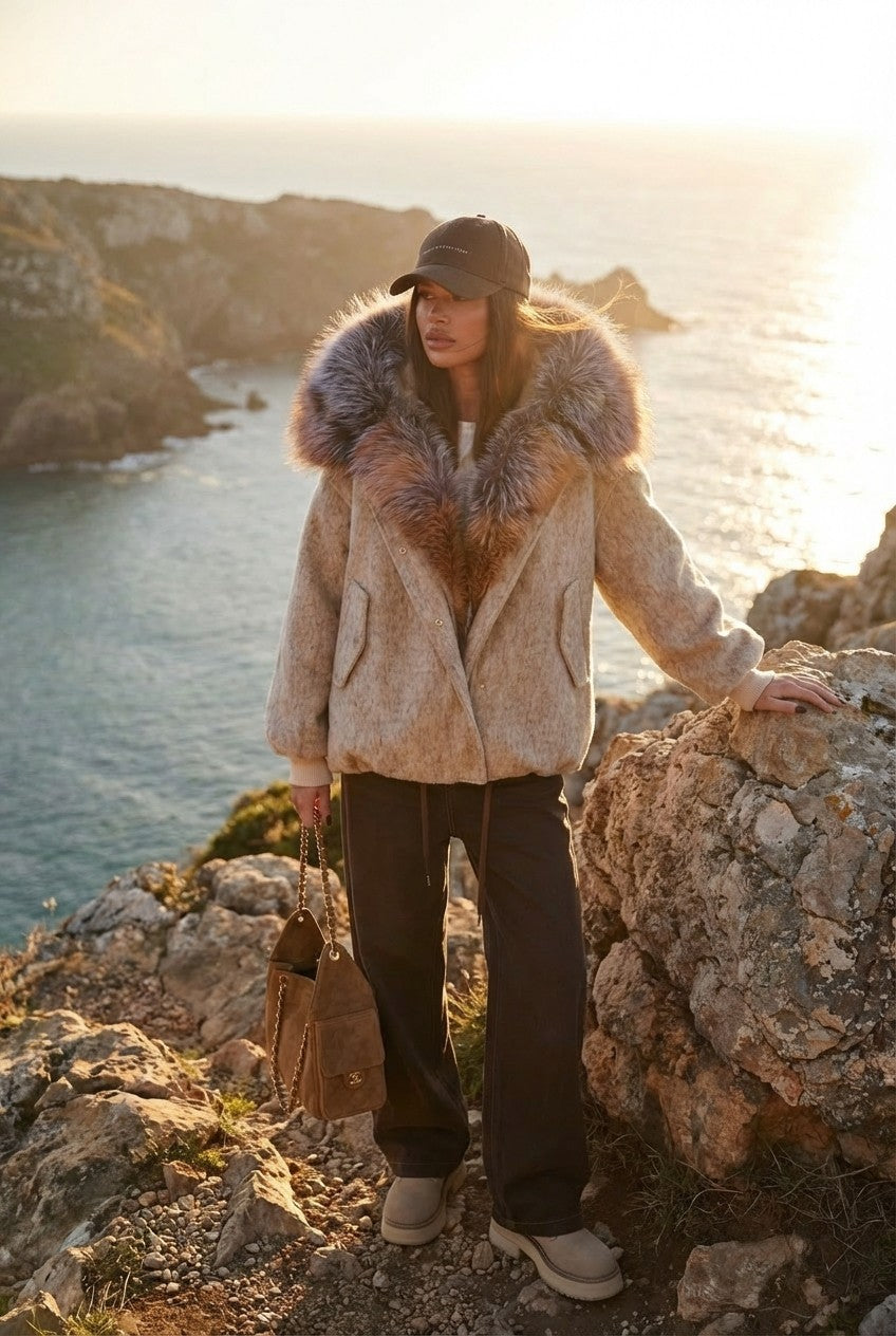 Women's Textured Wool Blend Jacket With Oversized Statement Fur Hood