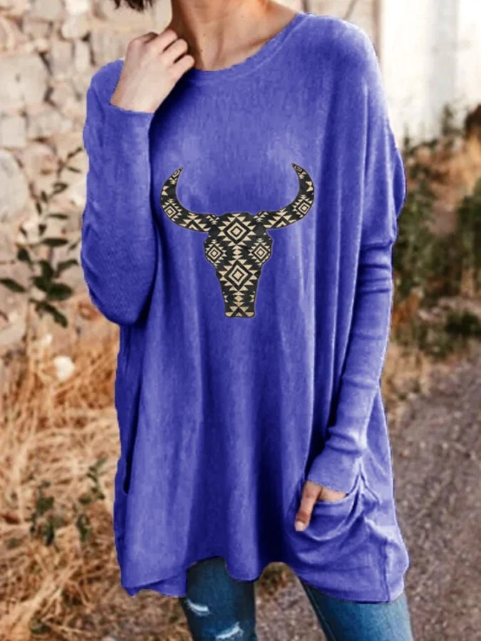 Women's Aztec Bull Skull Casual Long-Sleeved T-Shirt.