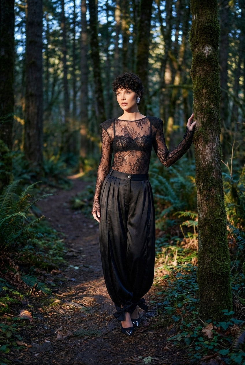 Women's Sheer Lace Blouse and Satin Bow Ankle Pants Two-Piece Set