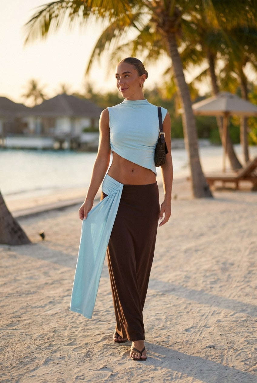 Color Block Asymmetric Ruched Two Piece Maxi Skirt Set