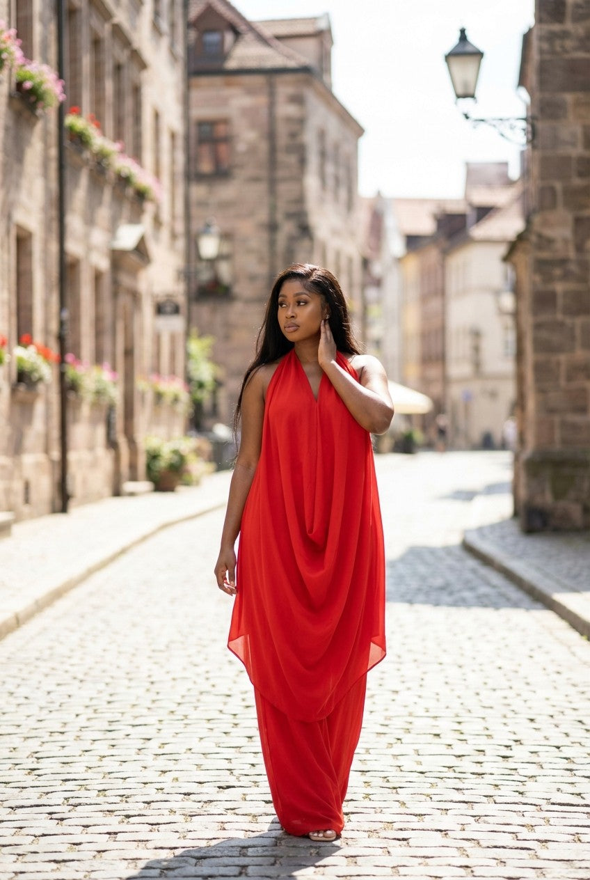 Elegant Red Draped Halter Tunic and Wide Leg Pant Set