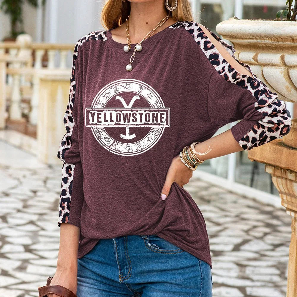 Custom fashion leopard two color long sleeve T-shirt