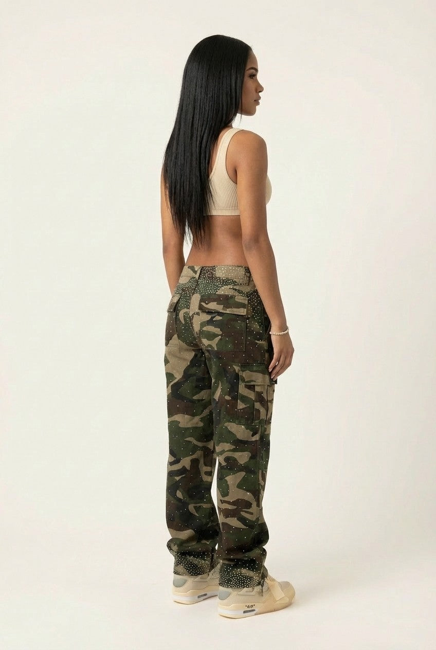 Women's Rhinestone Camo Cargo Pants, Wide Leg Streetwear