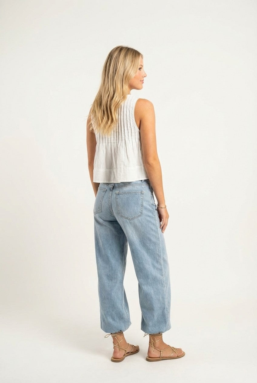 Women's Pleated Cotton Sleeveless Crop Top Flared Summer Blouse