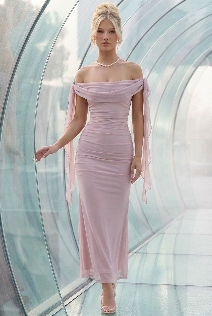 Elegant Blush Ruched Mesh Maxi Dress, Off-Shoulder Evening