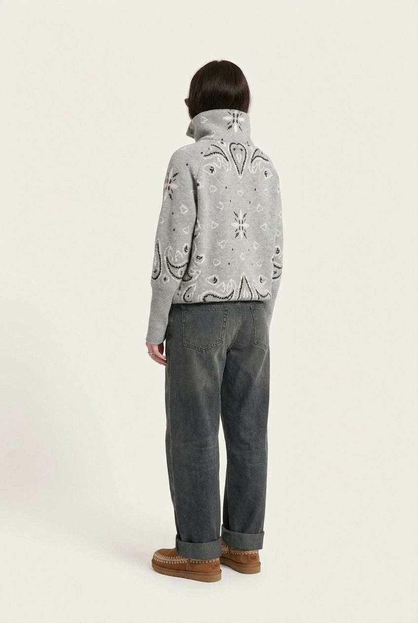 Women's Grey Bandana Jacquard Knit Zip-Up Sweater, High Neck