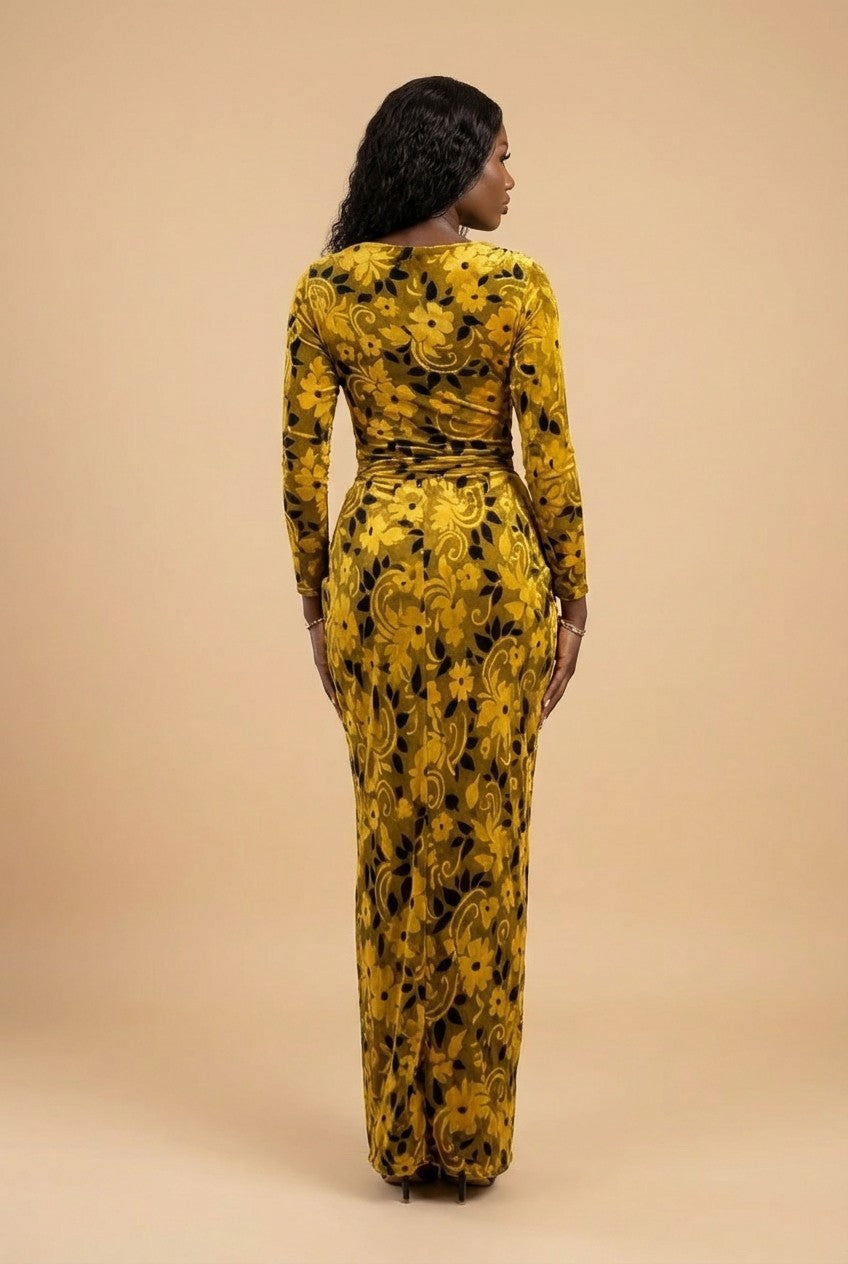 Women's Velvet Floral Maxi Dress with Ruched Knot Front, Evening