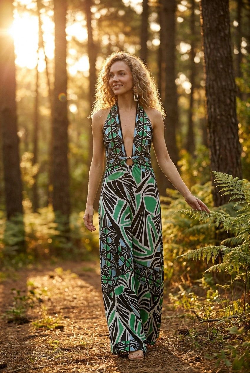 Women's Tropical Geometric Print Halter Plunge Wide Leg Jumpsuit