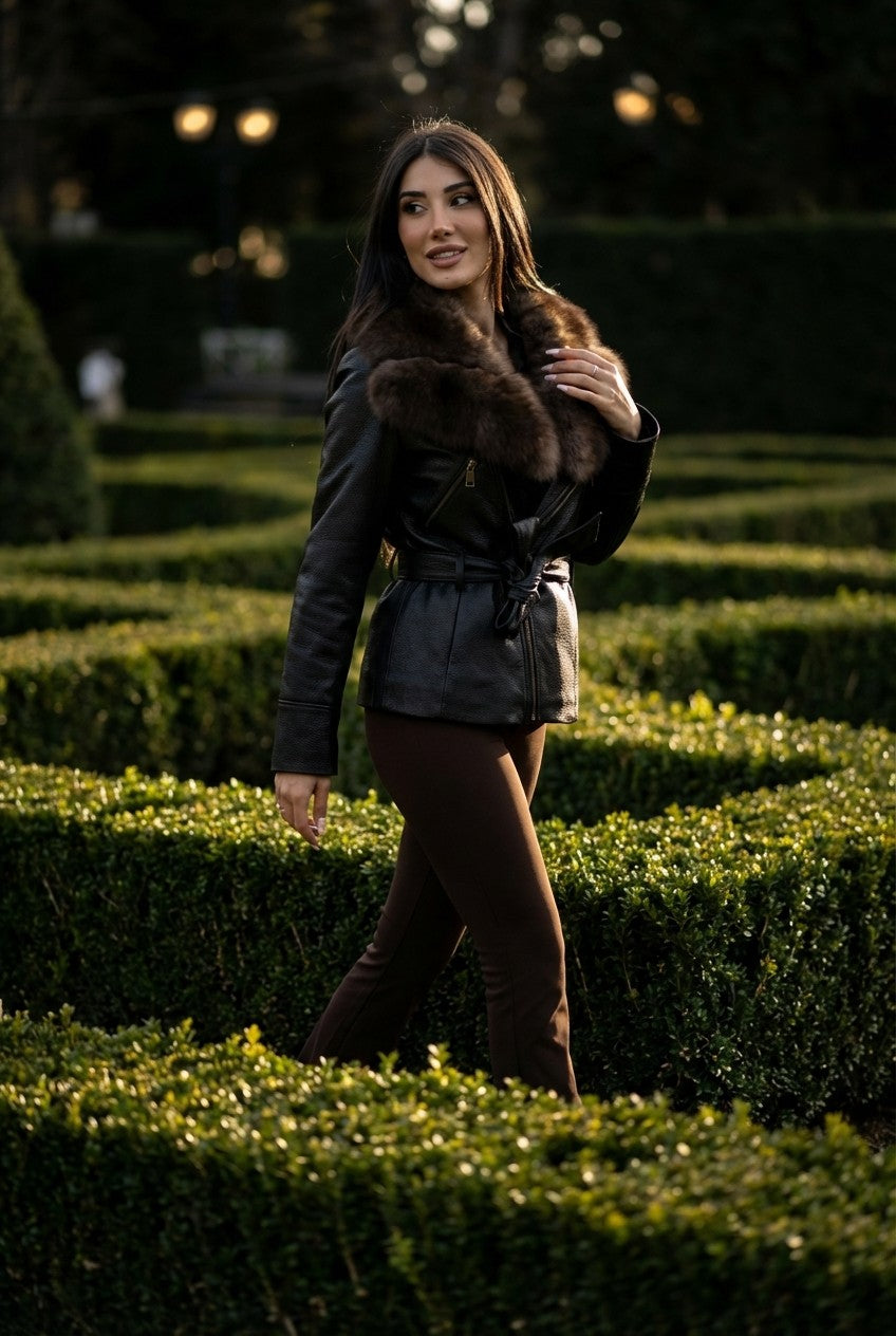 Women's Pebbled Leather Belted Jacket with Faux Fur Trim Collar