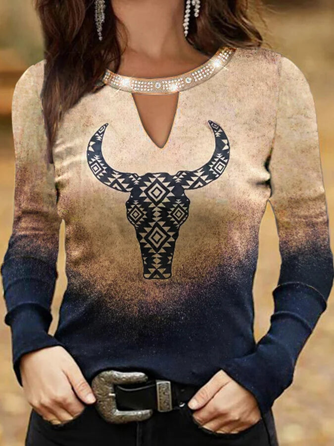 Women's Western Aztec Casual Long-Sleeved T-Shirt.