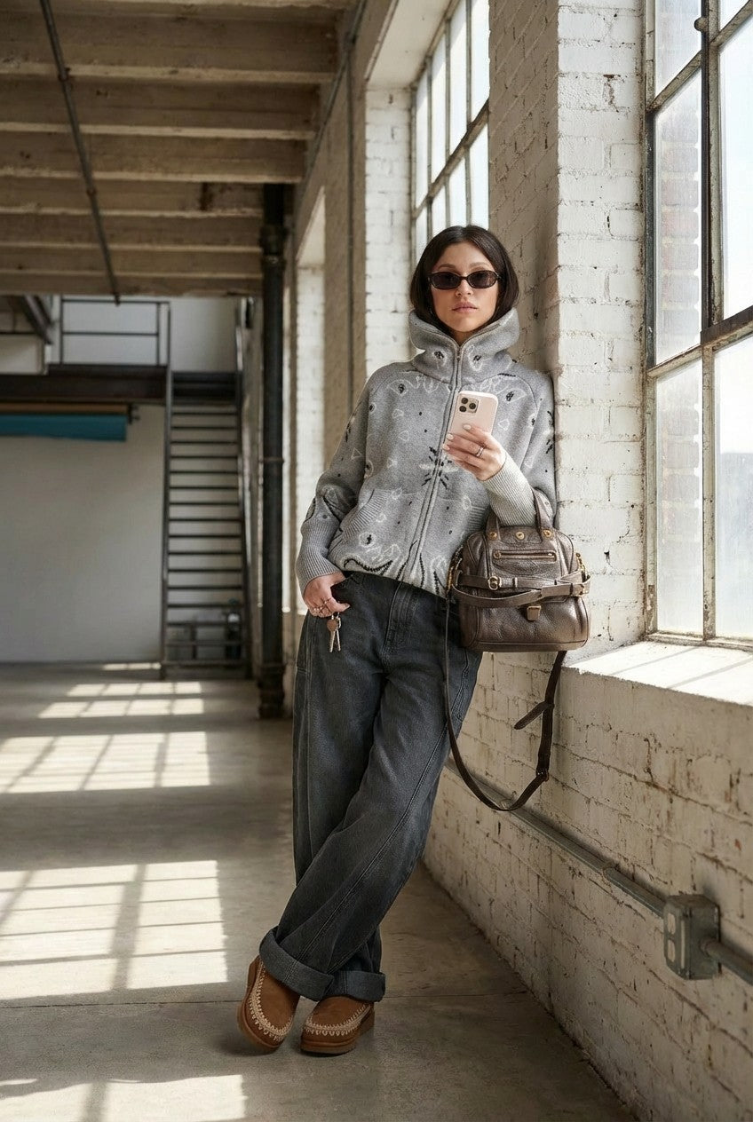 Women's Grey Bandana Jacquard Knit Zip-Up Sweater, High Neck