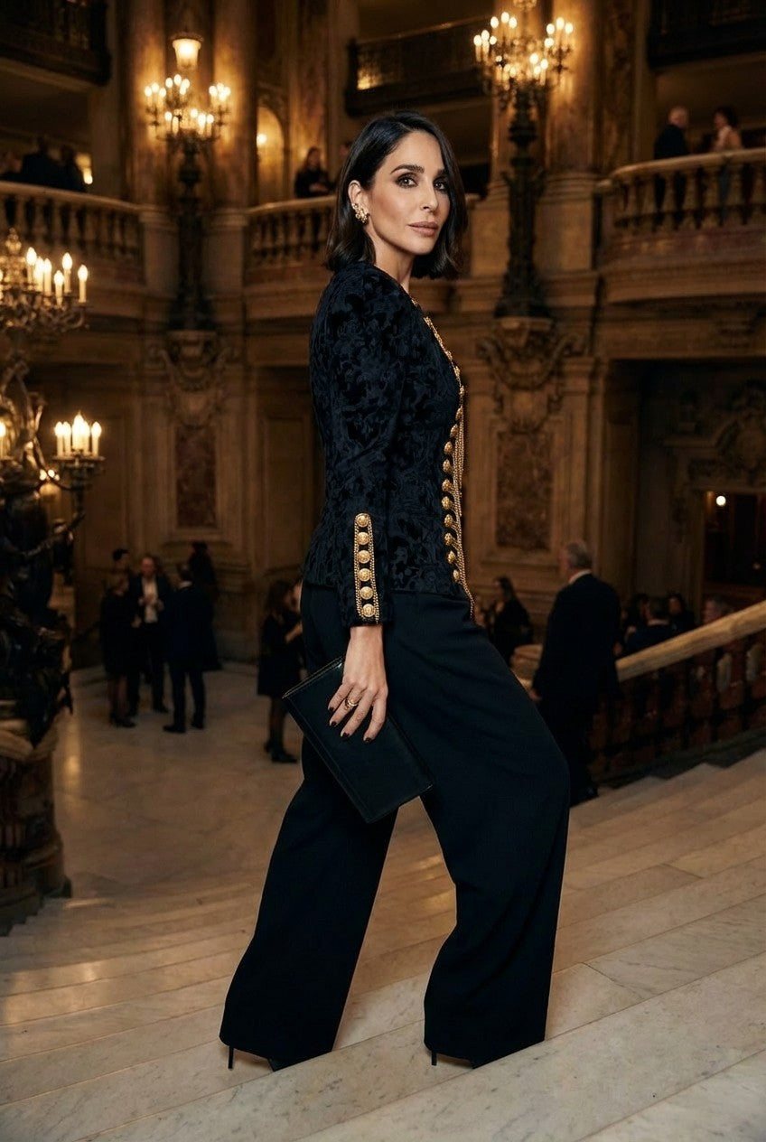 Women's Structured Black Jacquard Military Jacket with Gold Chains