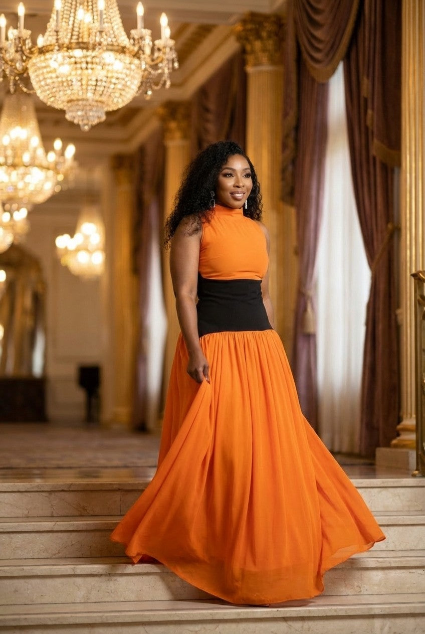 Women's High Neck Chiffon Maxi Dress with Contrasting Waist Panel