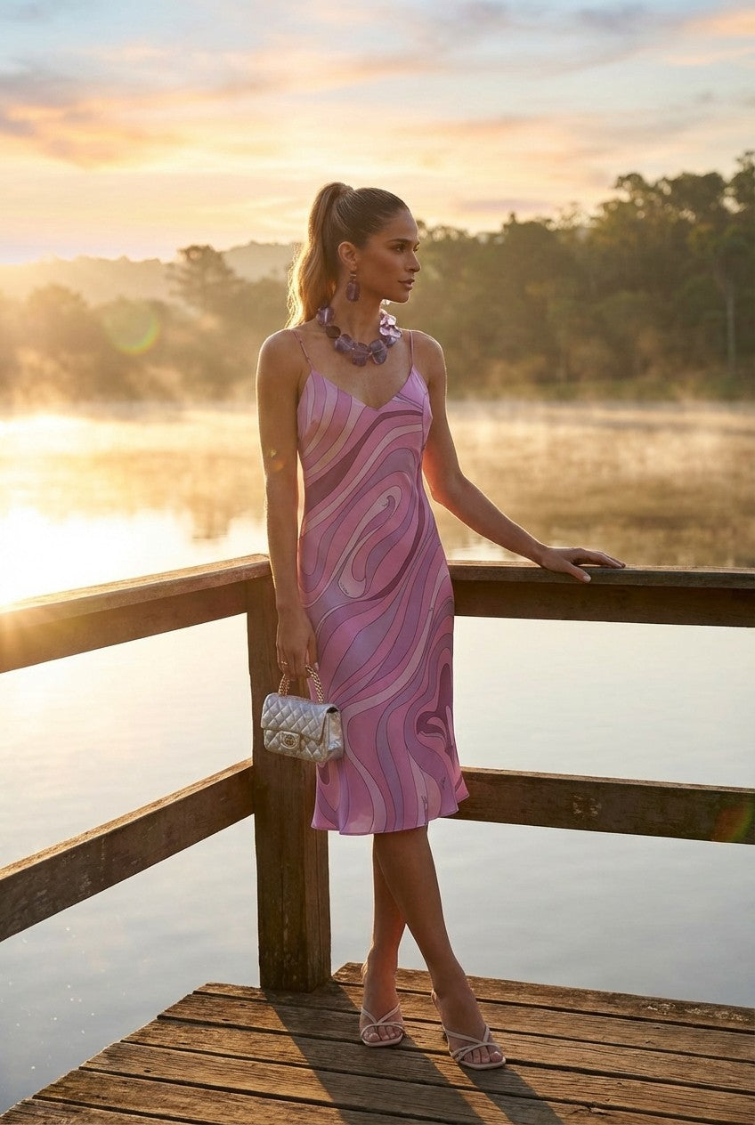 Women's Pink Abstract Swirl Satin Slip Dress, V-Neck Midi Length