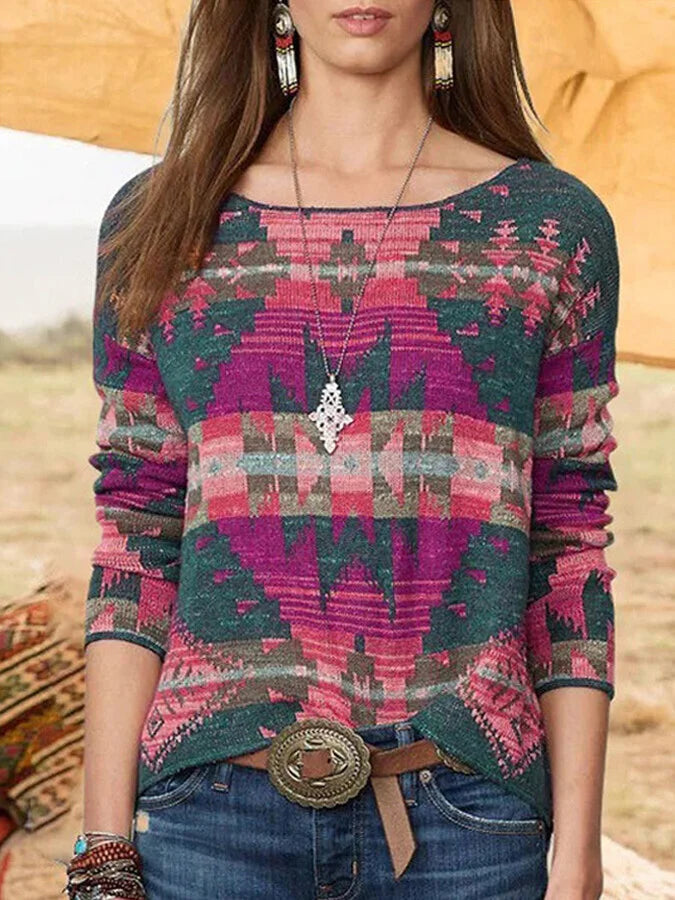 Women's Retro Aztec Print Casual Sweater.