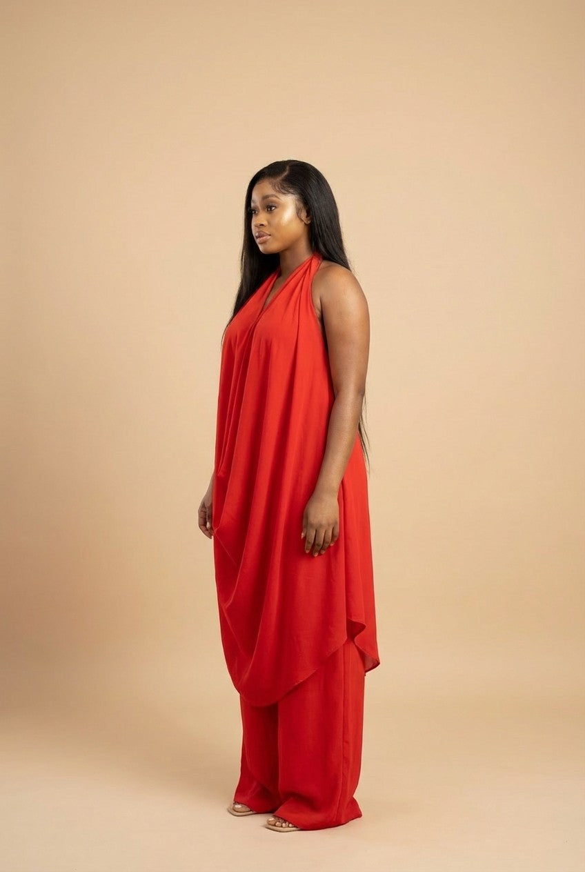 Elegant Red Draped Halter Tunic and Wide Leg Pant Set