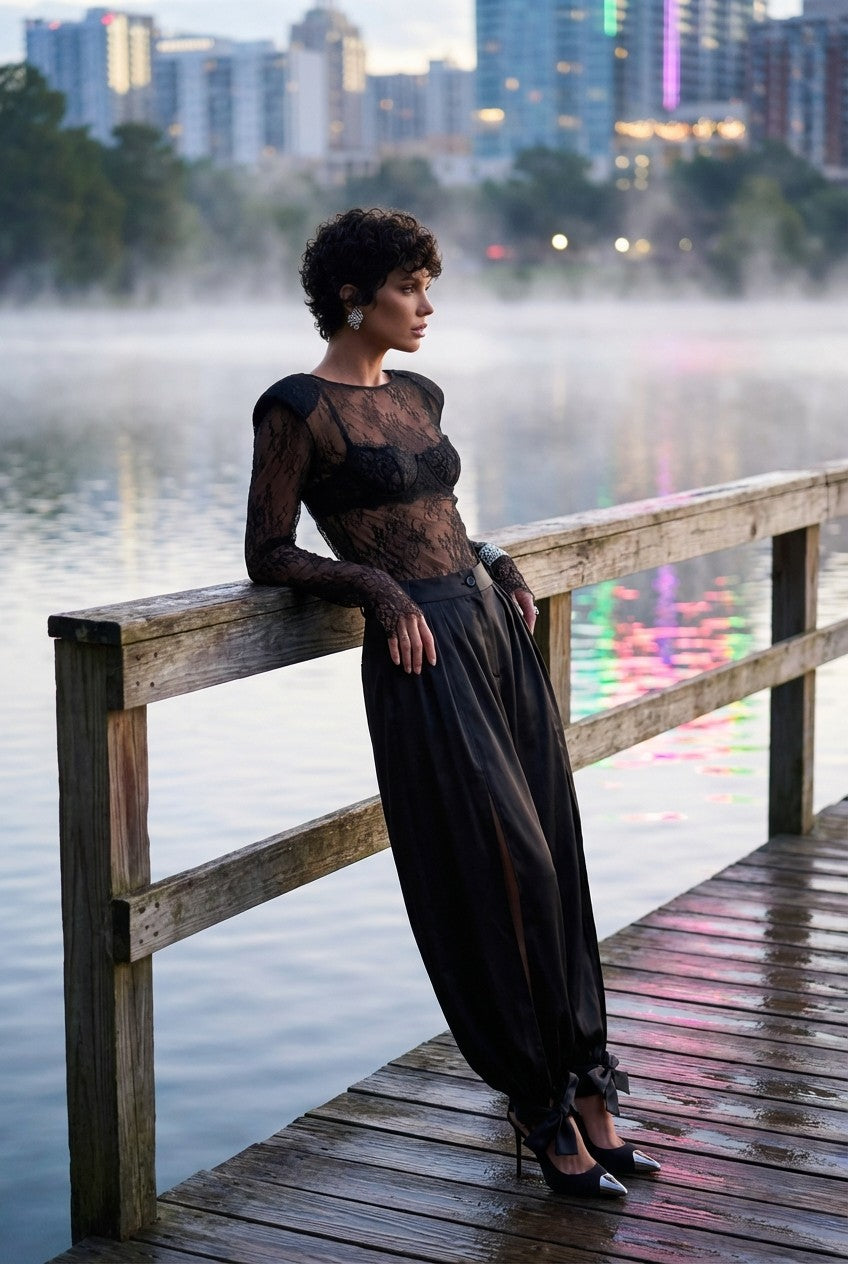 Women's Sheer Lace Blouse and Satin Bow Ankle Pants Two-Piece Set