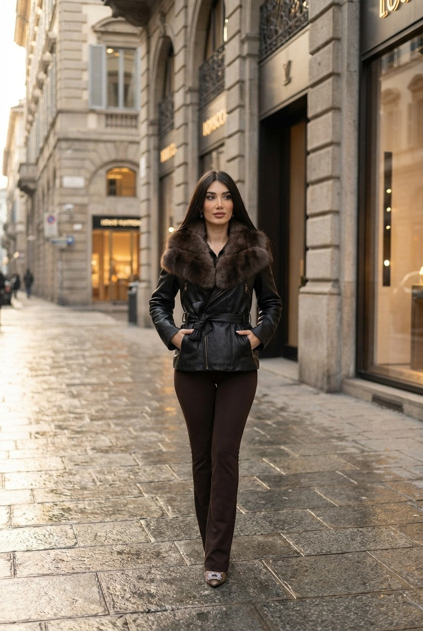 Women's Pebbled Leather Belted Jacket with Faux Fur Trim Collar