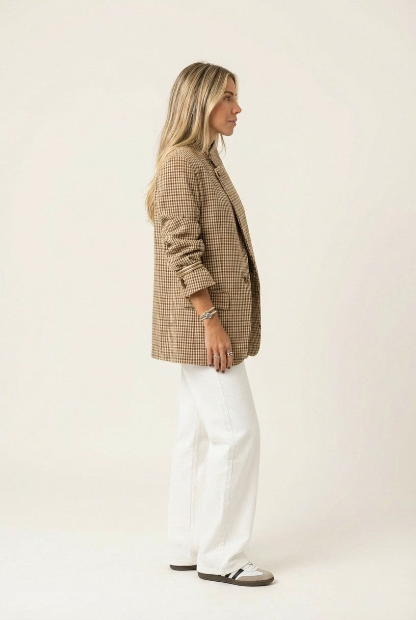 Women's Checkered Asymmetric Wrap Blazer, High Neck Cross-Over Style