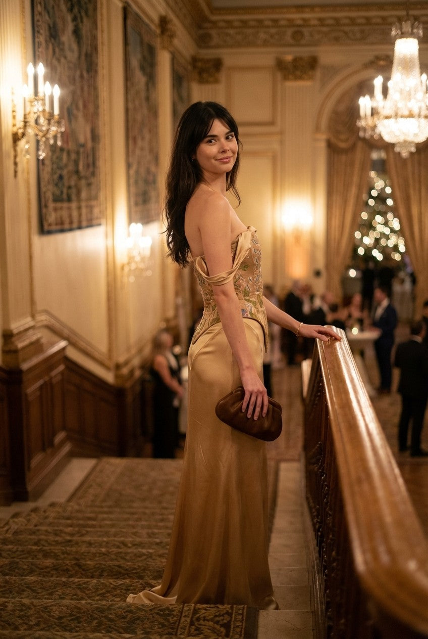 Women's Elegant Floral Embroidered Satin Corset Gown with Draped Sleeves