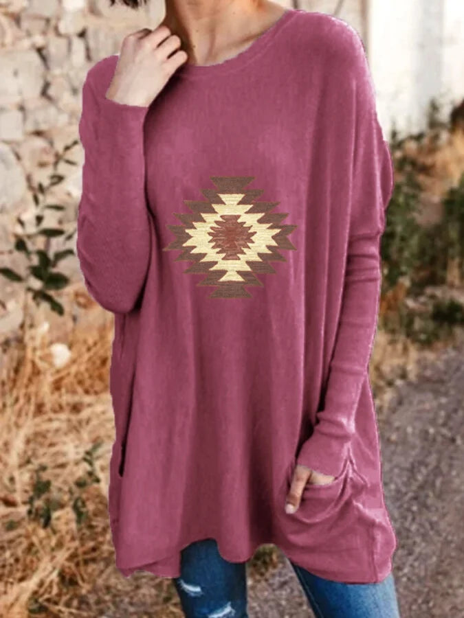 Women's Aztec Pattern Casual Long-Sleeved T-Shirt.