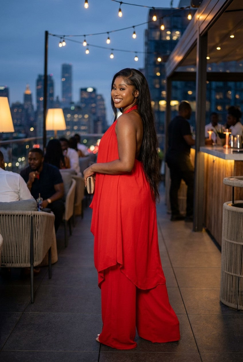 Elegant Red Draped Halter Tunic and Wide Leg Pant Set