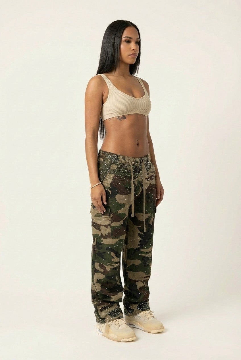 Women's Rhinestone Camo Cargo Pants, Wide Leg Streetwear