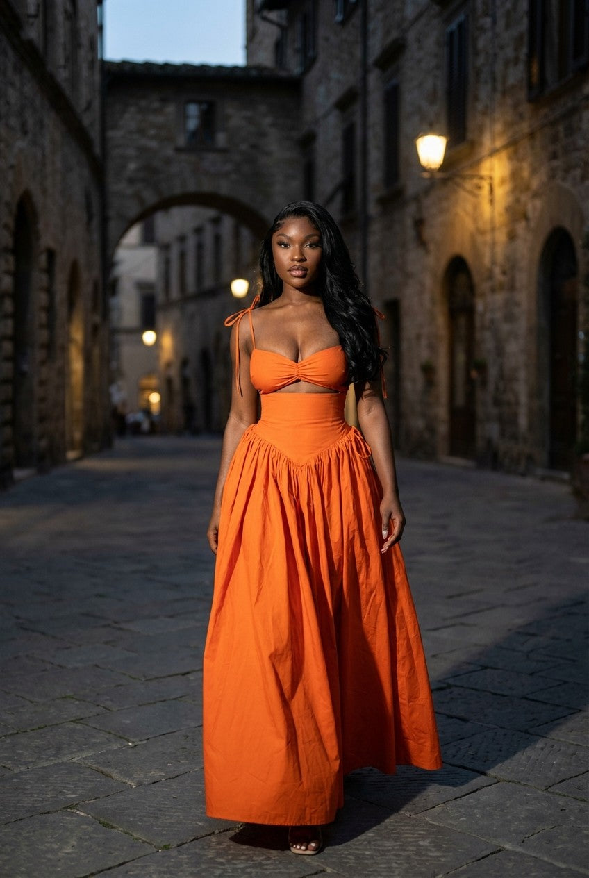 Orange Cotton Poplin Tie-Strap Crop Top And Maxi Skirt Set, Resort