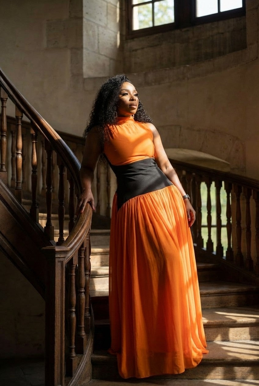 Women's High Neck Chiffon Maxi Dress with Contrasting Waist Panel