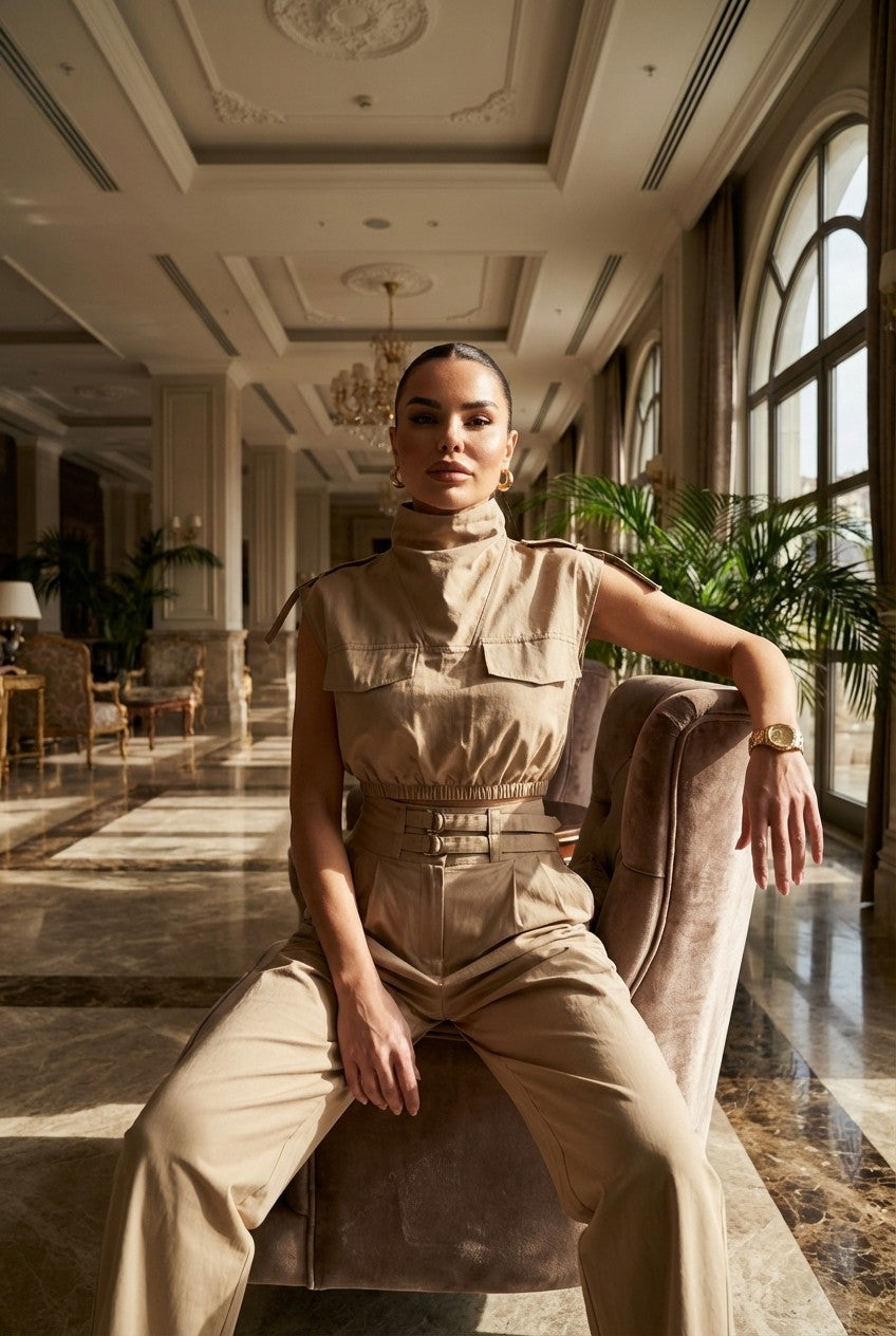 Women's Utility Cotton Cropped Top and Wide Leg Trousers Set Minimalist