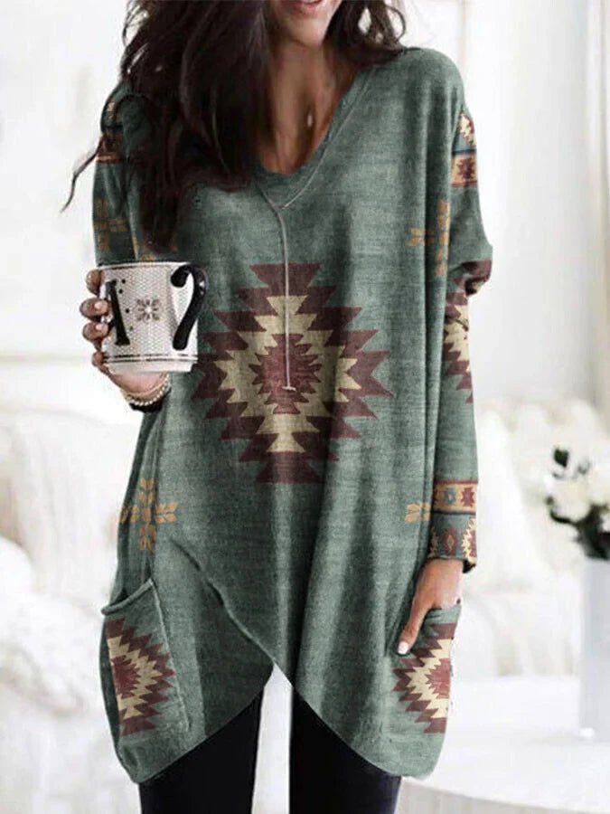 Ethnic Geometric Print Irregular Top.