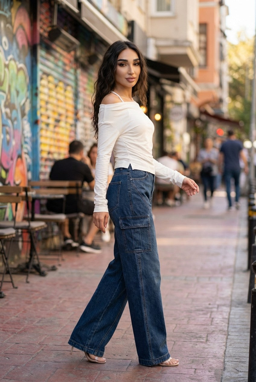 Women's High-Waisted Wide Leg Denim Cargo Jeans, Dark Wash