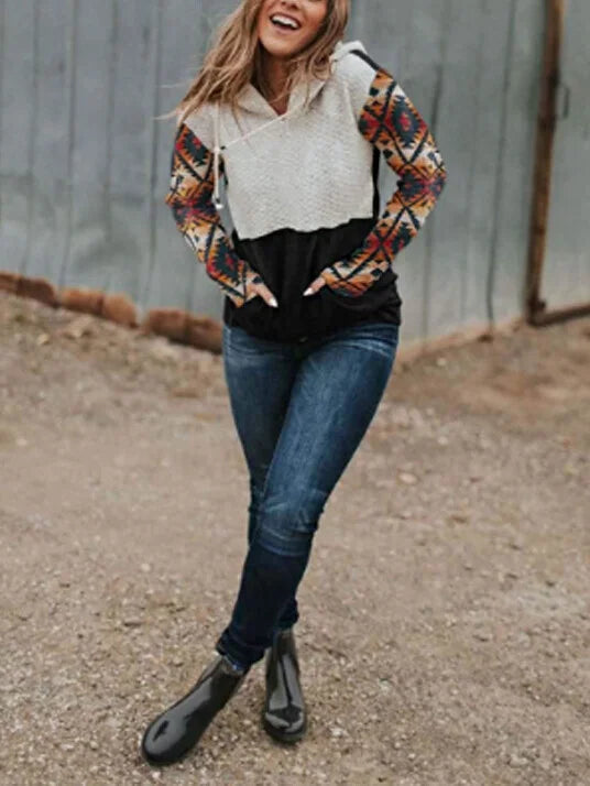 Retro Ethnic Style Patchwork Hoodie.