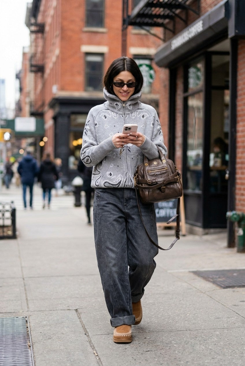 Women's Grey Bandana Jacquard Knit Zip-Up Sweater, High Neck